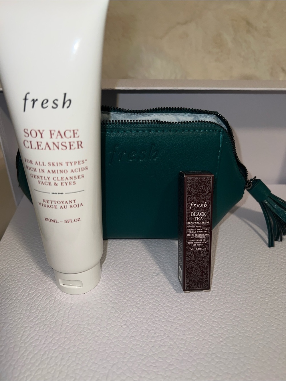 Fresh Soy Face Cleanser 5 fl oz includes toiletry bag and Black Tea mini serum
